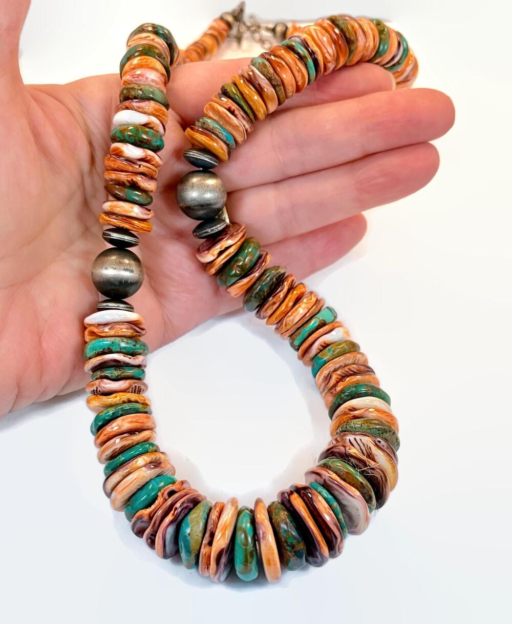 Vintage Sterling Silver Necklace Turquoise Orange Purple Spiny Oyster Shell